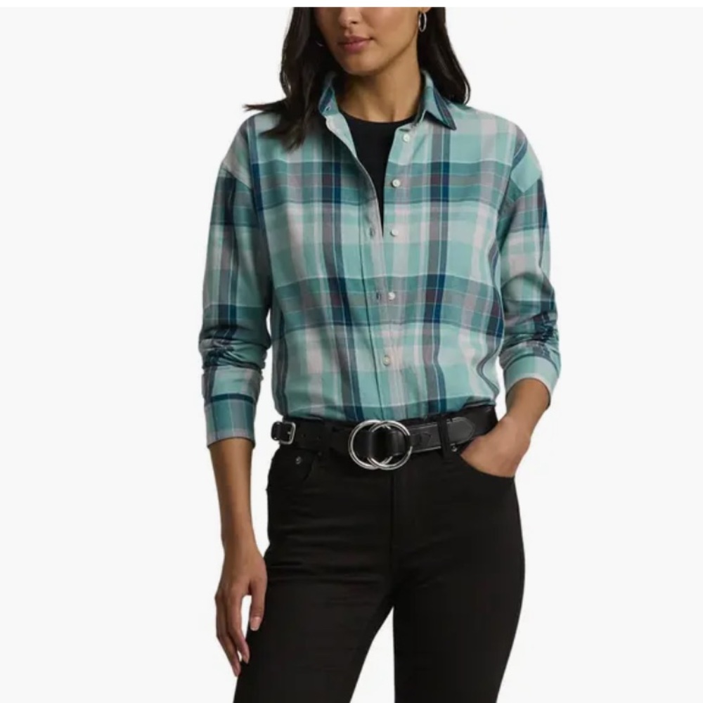 Lauren Ralph Lauren Aqua Plaid Cotton Twill Button-Up Shirt